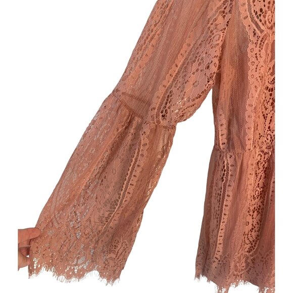 ULTRA Pink Solid Pink 100% Lace Peplum-Waist Lined Long Bell Sleeve Blouse NWT L - Picture 6 of 10
